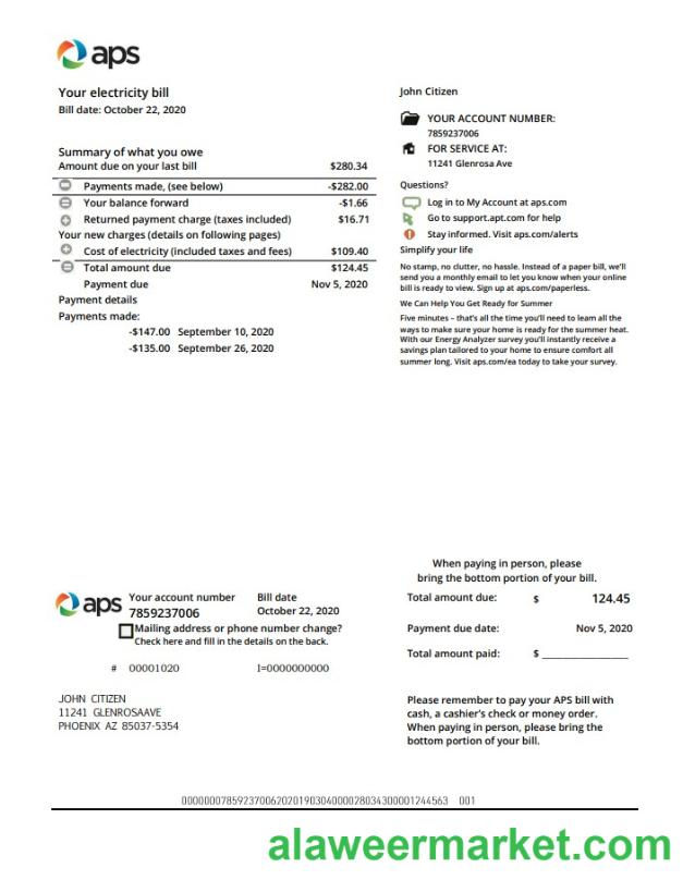 USA Arizona APS electricity proof of address utility bill template in Word and PDF format